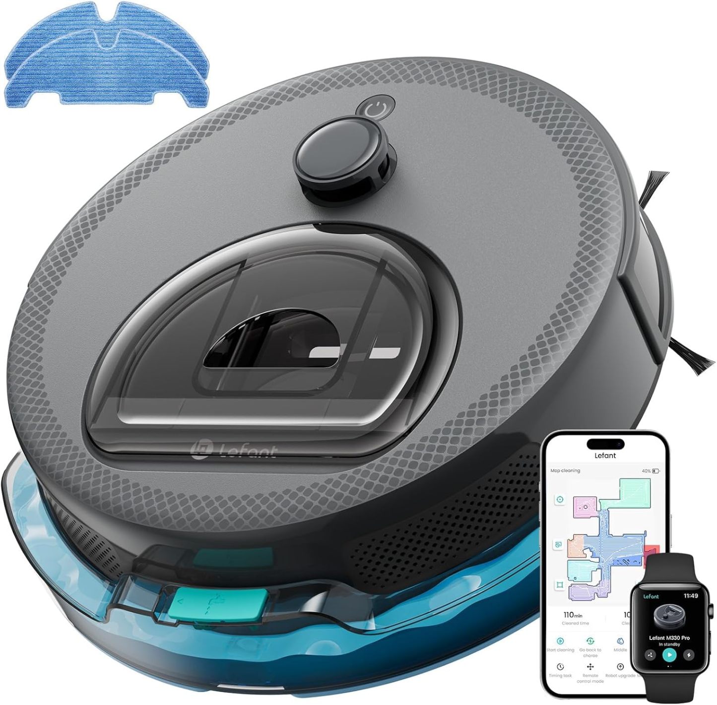 Lefant M330 Pro Robot Aspirador y Fregasuelos con Navegación Láser dToF, Succión 5000 Pa, Autonomía 150 Min, Mini Diámetro 28 cm, Función Barrer, Aspirar y Fregar, Control por App y Voz, Color Gris-Havenmyhut