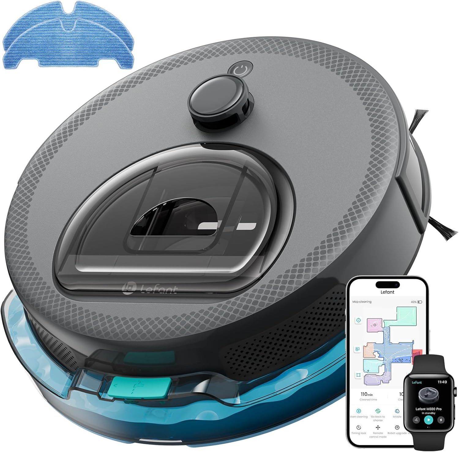 Lefant M330 Pro Robot Aspirador y Fregasuelos con Navegación Láser dToF, Succión 5000 Pa, Autonomía 150 Min, Mini Diámetro 28 cm, Función Barrer, Aspirar y Fregar, Control por App y Voz, Color Gris-Havenmyhut