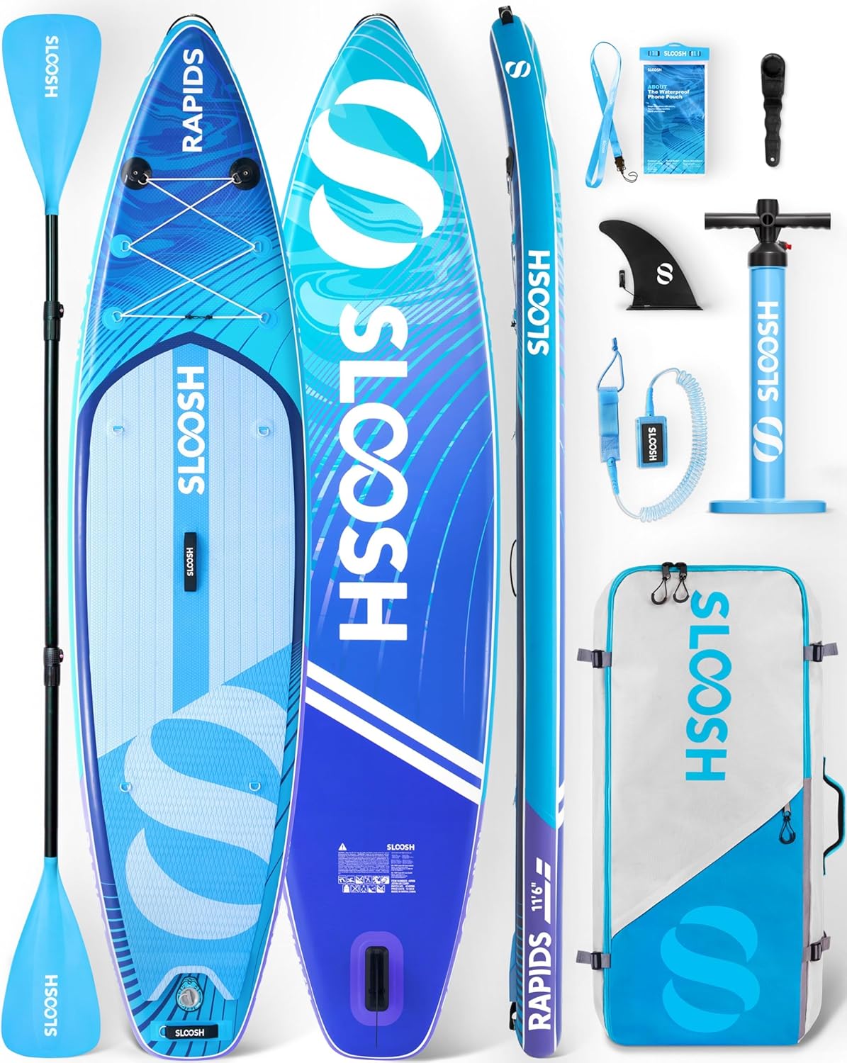 SLOOSH Tabla de Paddle Surf Hinchable 116'' con Accesorios Premium, SUP de PVC con Cubierta EVA Antideslizante, Bolsa de Transporte y Bomba, Capacidad Máx. 350 lb, Azul-Havenmyhut