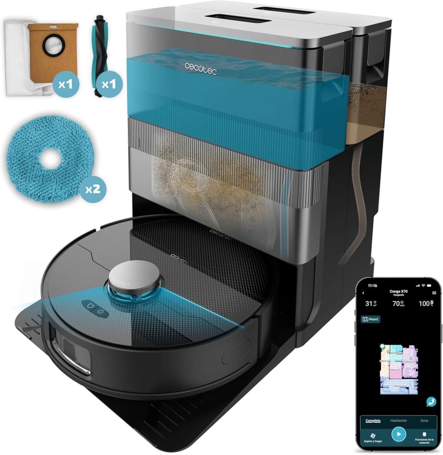 Cecotec Conga X70 Robot Aspirador y Friegasuelos con IA y Base de Autovaciado 4 en 1, Succión 15000 Pa, Navegación Láser, Mopas Giratorias, Control por App y Bluetooth, Filtro HEPA, Color Negro-Havenmyhut