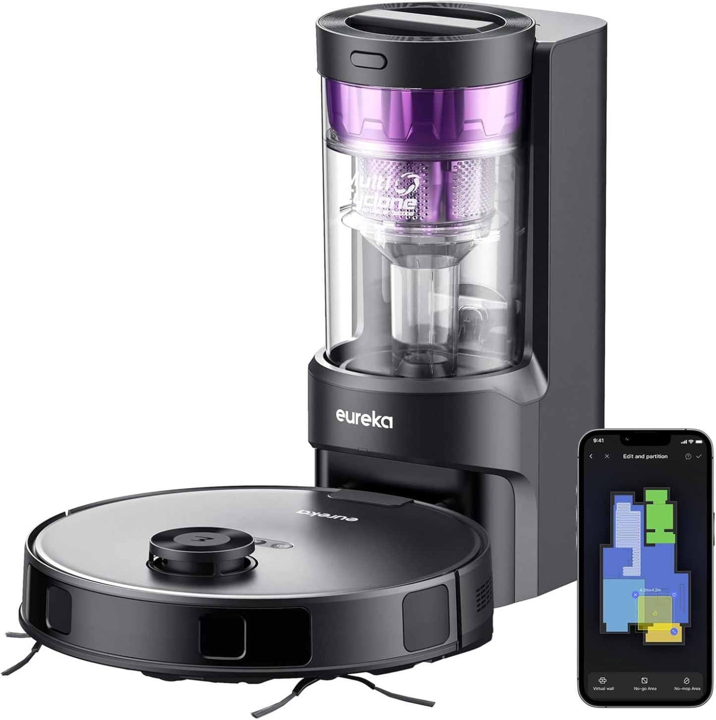 Eureka NERE10s Robot Aspirador y Fregasuelos con Base de Vaciado Automático, Succión 4000 Pa, Navegación LiDAR con Detección de Obstáculos, Autonomía 180 Min, Control por App, Voz y Botones, para Alfombras y Suelos Duros, Color Negro-Havenmyhut