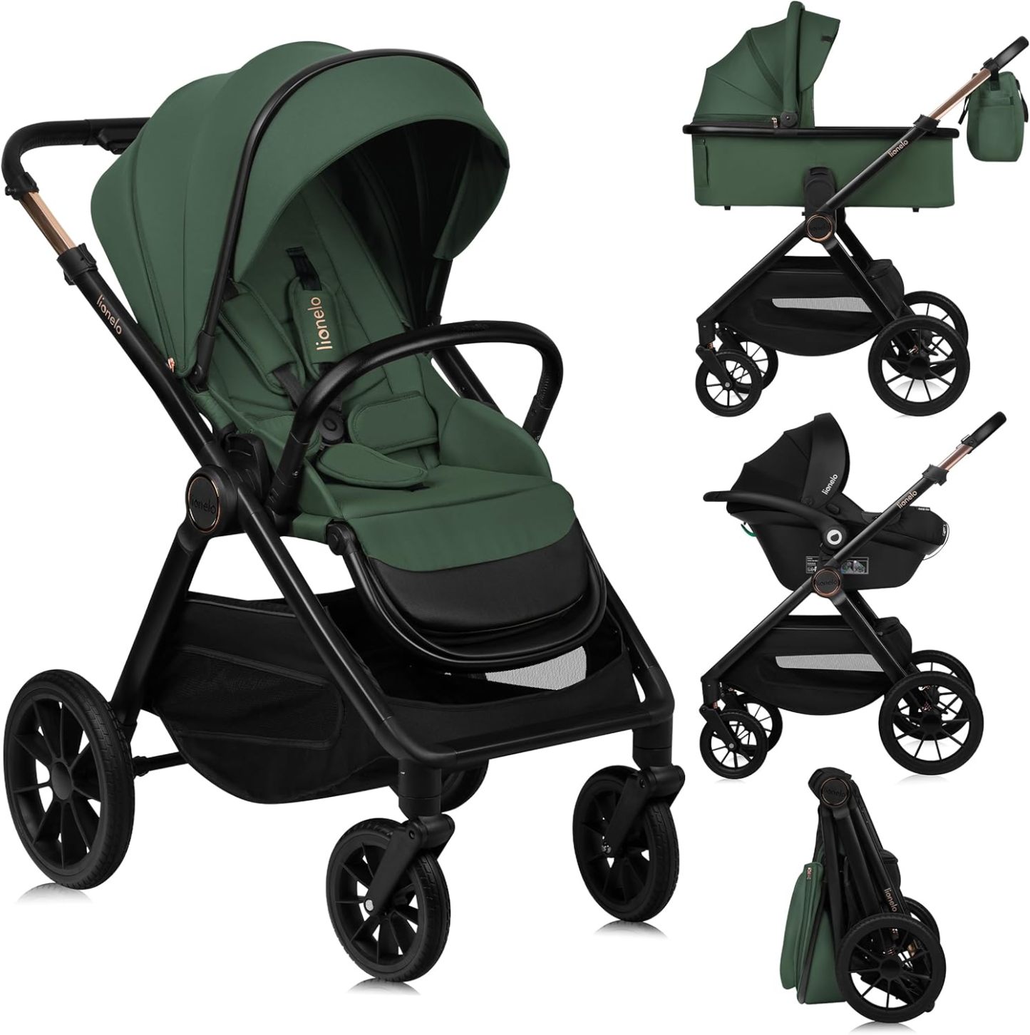 Lionelo Layla Silla de Paseo 3 en 1 para Bebé 0-48 Meses hasta 22 kg, Cochecito Modular con Capazo hasta 9 kg, Respaldo y Reposapiés Ajustables, Ruedas PU 360°, Amortiguación Total, Capota XXL, Color Green Forest-Havenmyhut