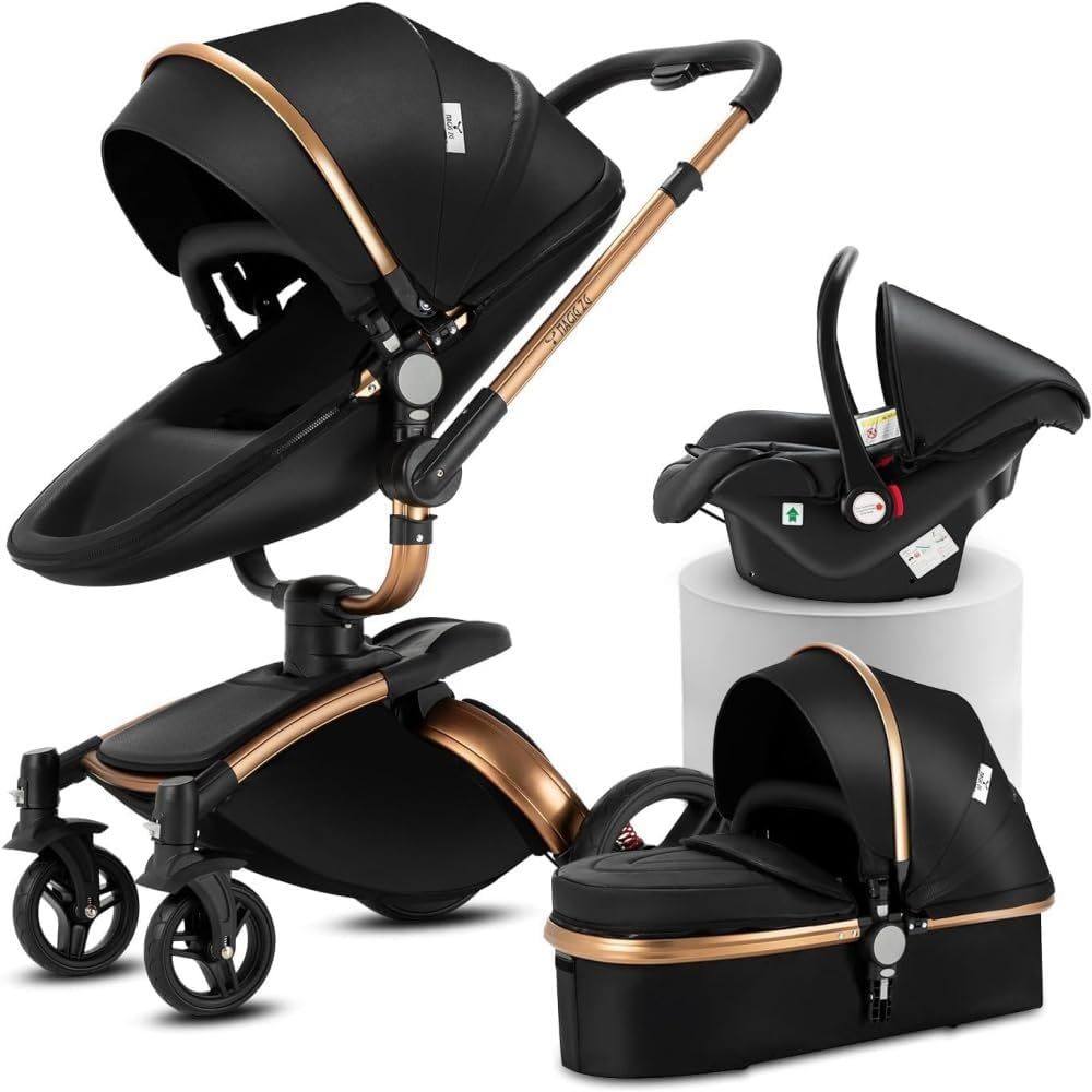 Carro de Bebé 3 en 1 con Asiento Giratorio 360°, Cuero PU, Modo Cuna y Plegado con Un Clic, Convertible de Recién Nacido a Niño Pequeño, Arnés de 5 Puntos, Color Negro-Havenmyhut