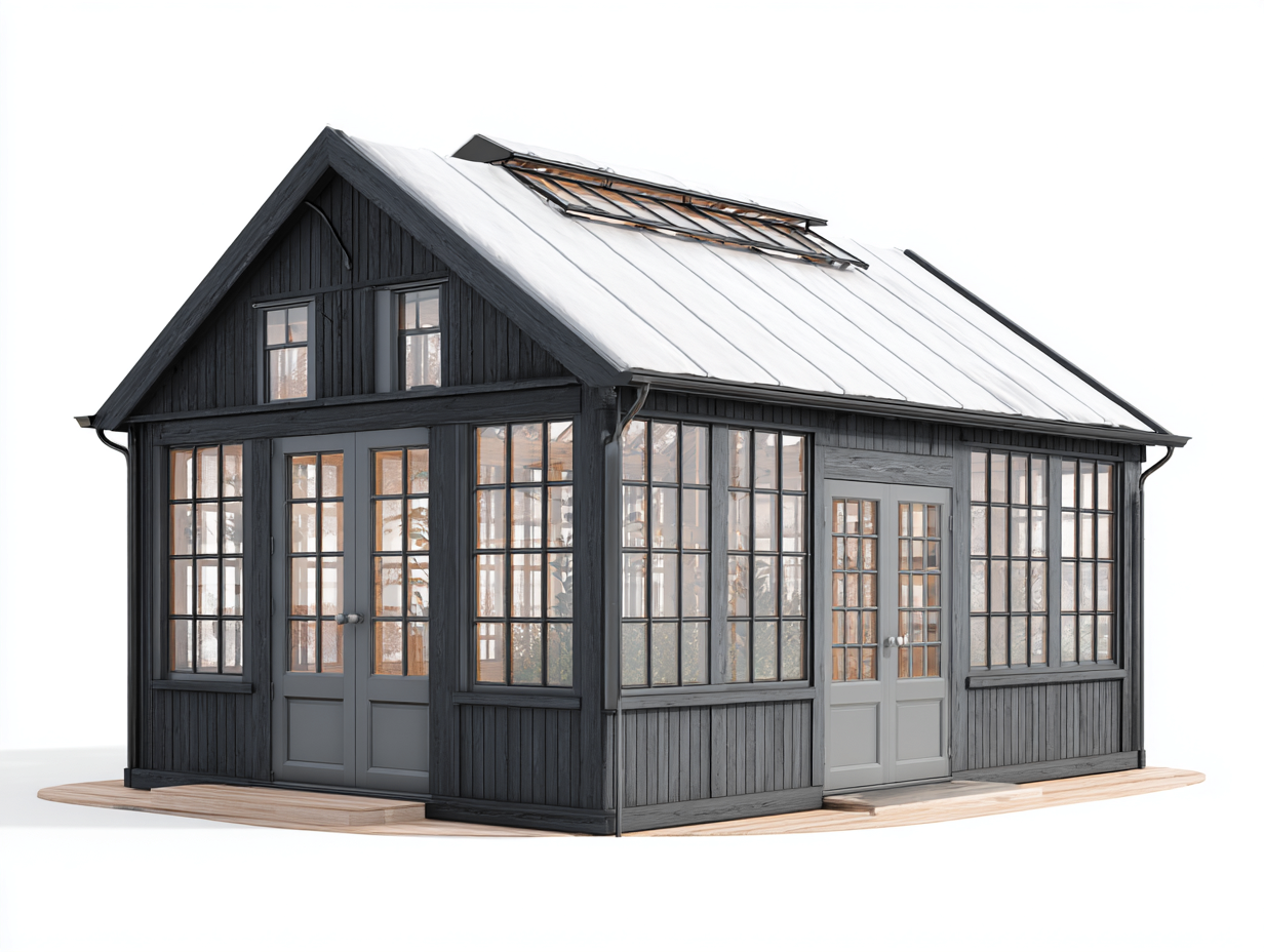 Invernadero de madera con paneles de vidrio y techo inclinado 420x300x320 cm - gris oscuro - estilo tradicional y cultivo protegido-Cozyupden