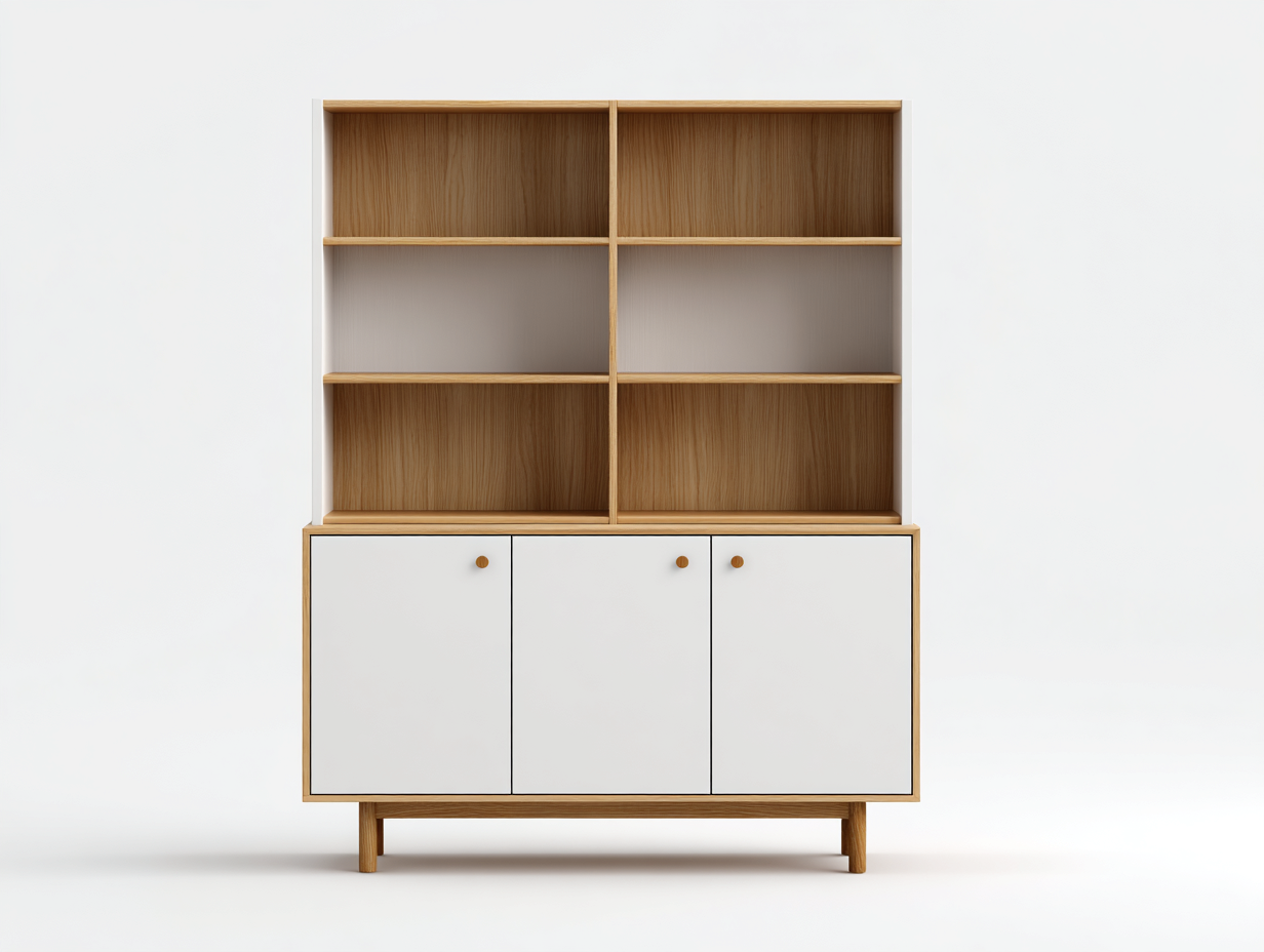 Vitrina de madera con estantes abiertos y puertas inferiores 120x40x180 cm - blanco-madera natural - diseño moderno para salón-Cozyupden