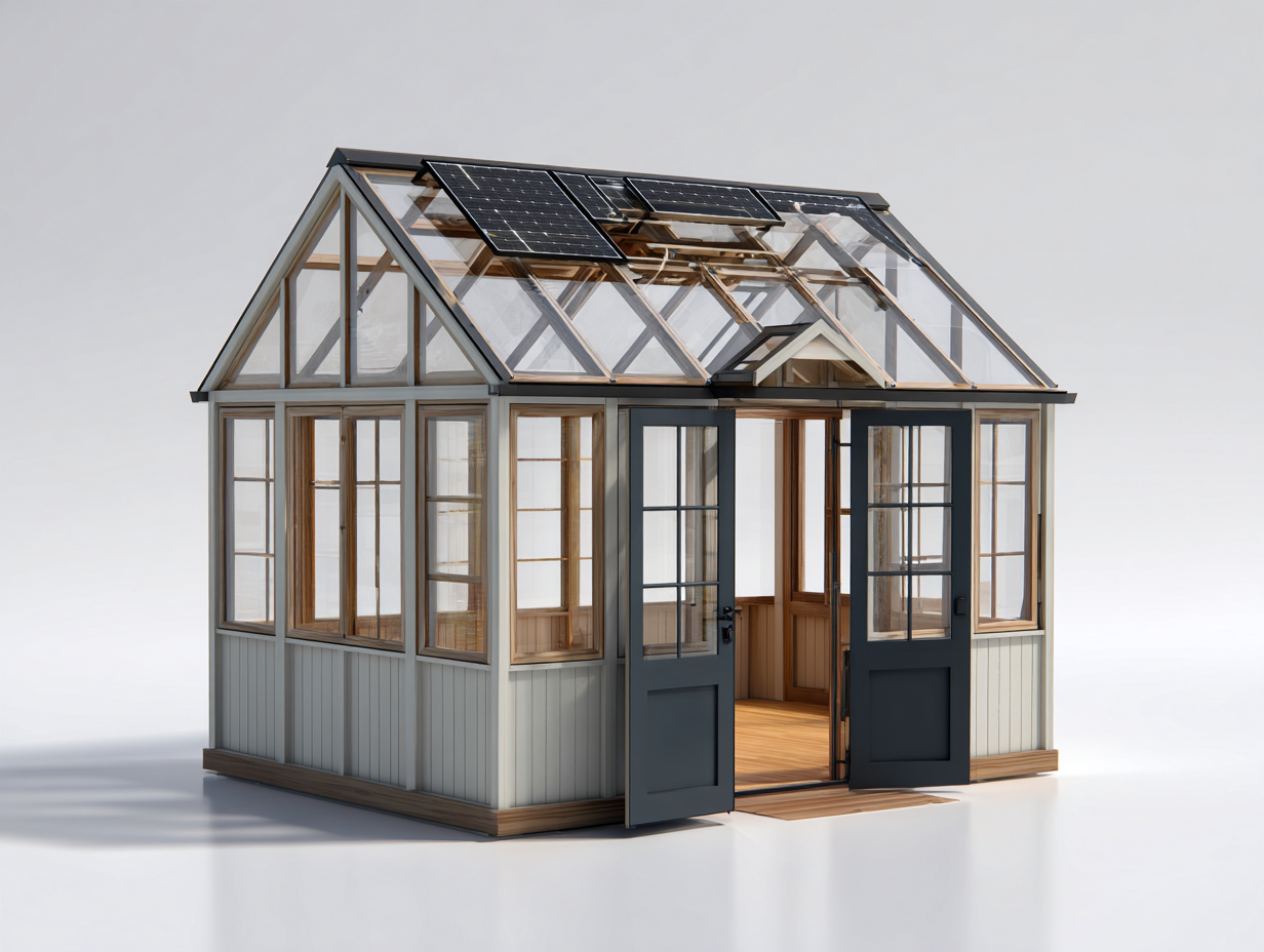 Invernaderos de madera y vidrio con estructura cerrada 300x250x280 cm - gris- madera natural - diseño moderno para jardín-Cozyupden