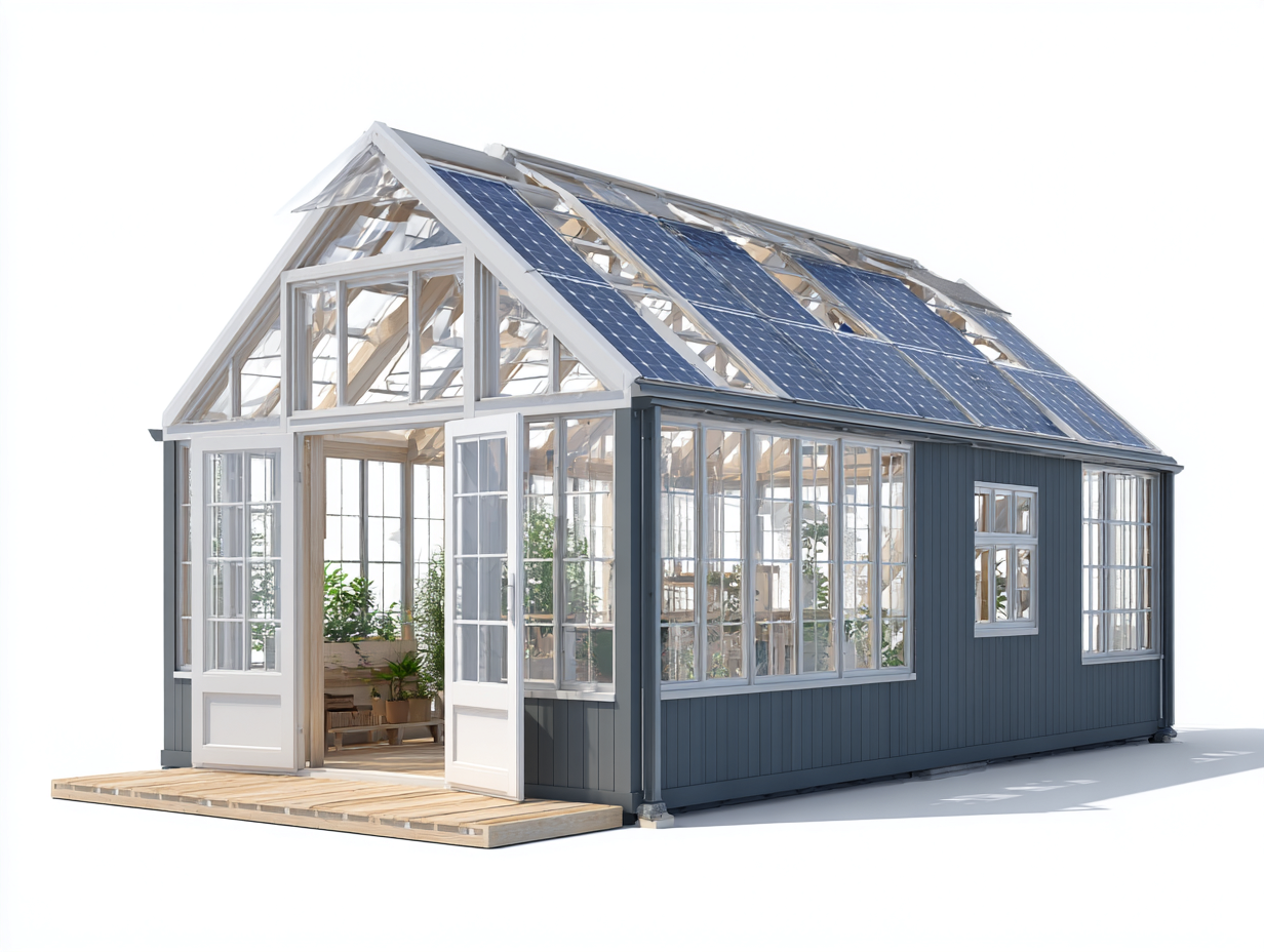Invernadero de madera y vidrio con paneles solares 420x300x280 cm - azul grisáceo y blanco - diseño moderno para jardín-Cozyupden