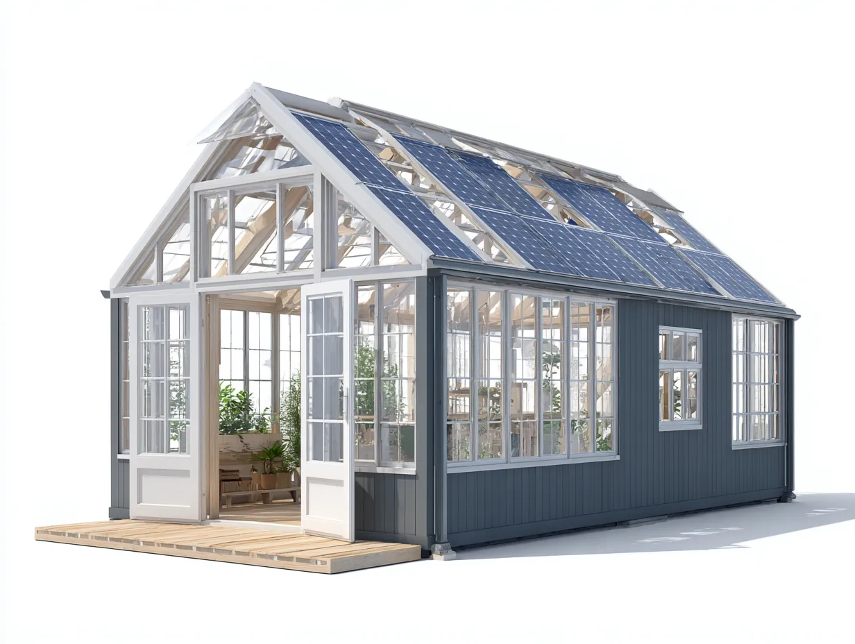 Invernadero de madera y vidrio con paneles solares 420x300x280 cm - azul grisáceo y blanco - diseño moderno para jardín-Cozyupden