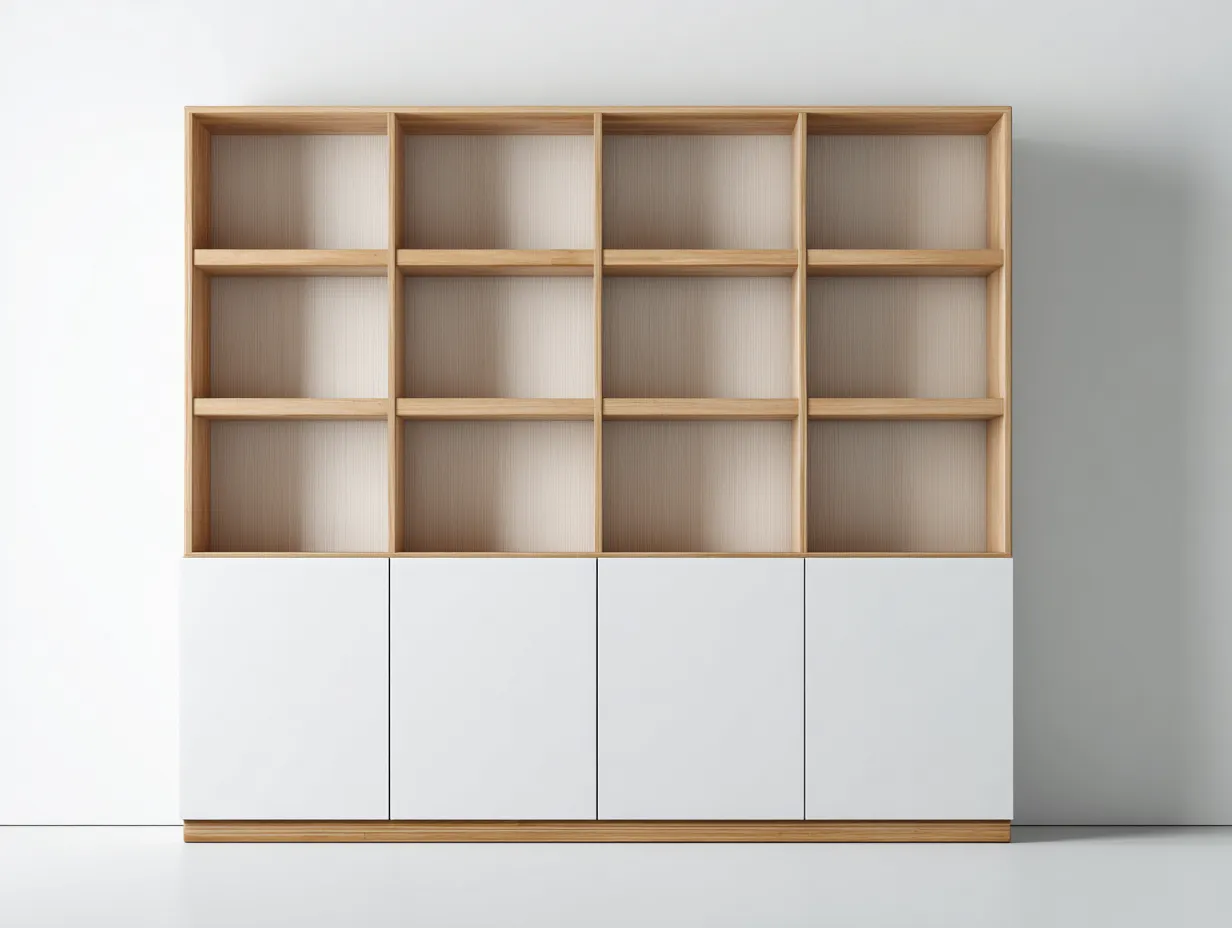 Vitrina de madera con estantes abiertos y puertas inferiores 160x40x190 cm - blanco y madera natural - diseño moderno de almacenaje funcional-Cozyupden