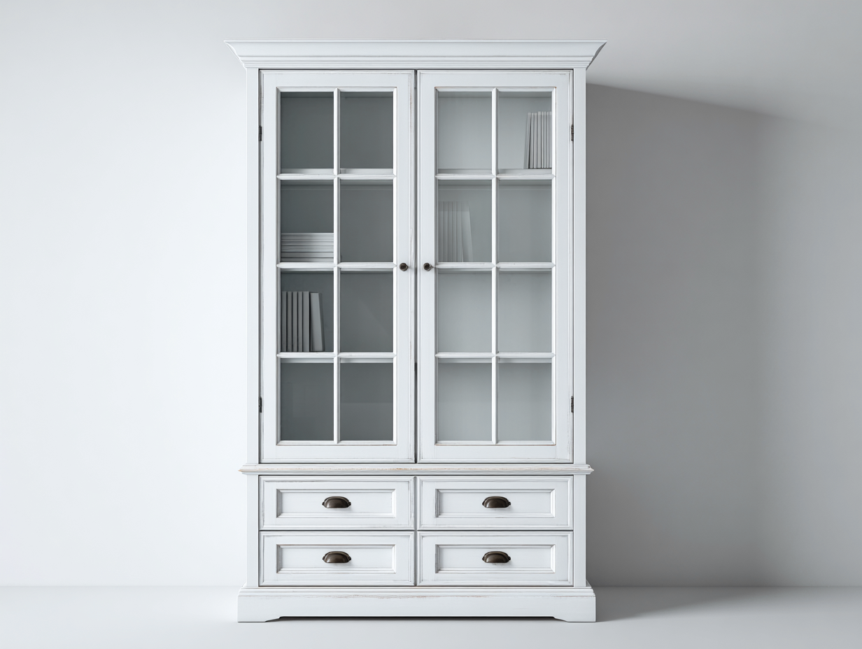 Vitrina de salón con puertas de vidrio y cajones 90x40x200 cm - blanco - diseño clásico para salón-Cozyupden