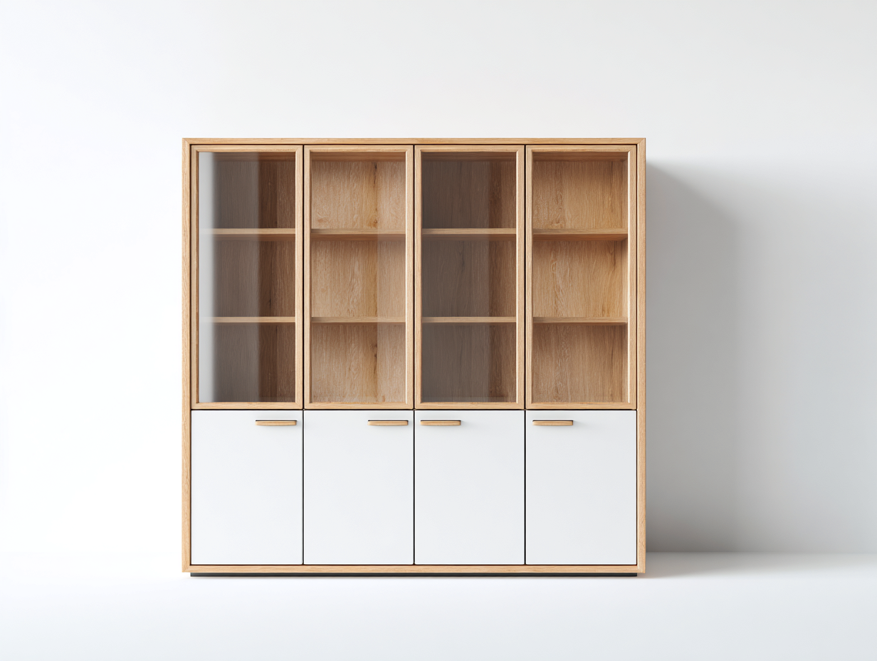 Vitrina de madera y vidrio 160x40x200 cm - blanco y madera natural - diseño moderno para salón-Cozyupden