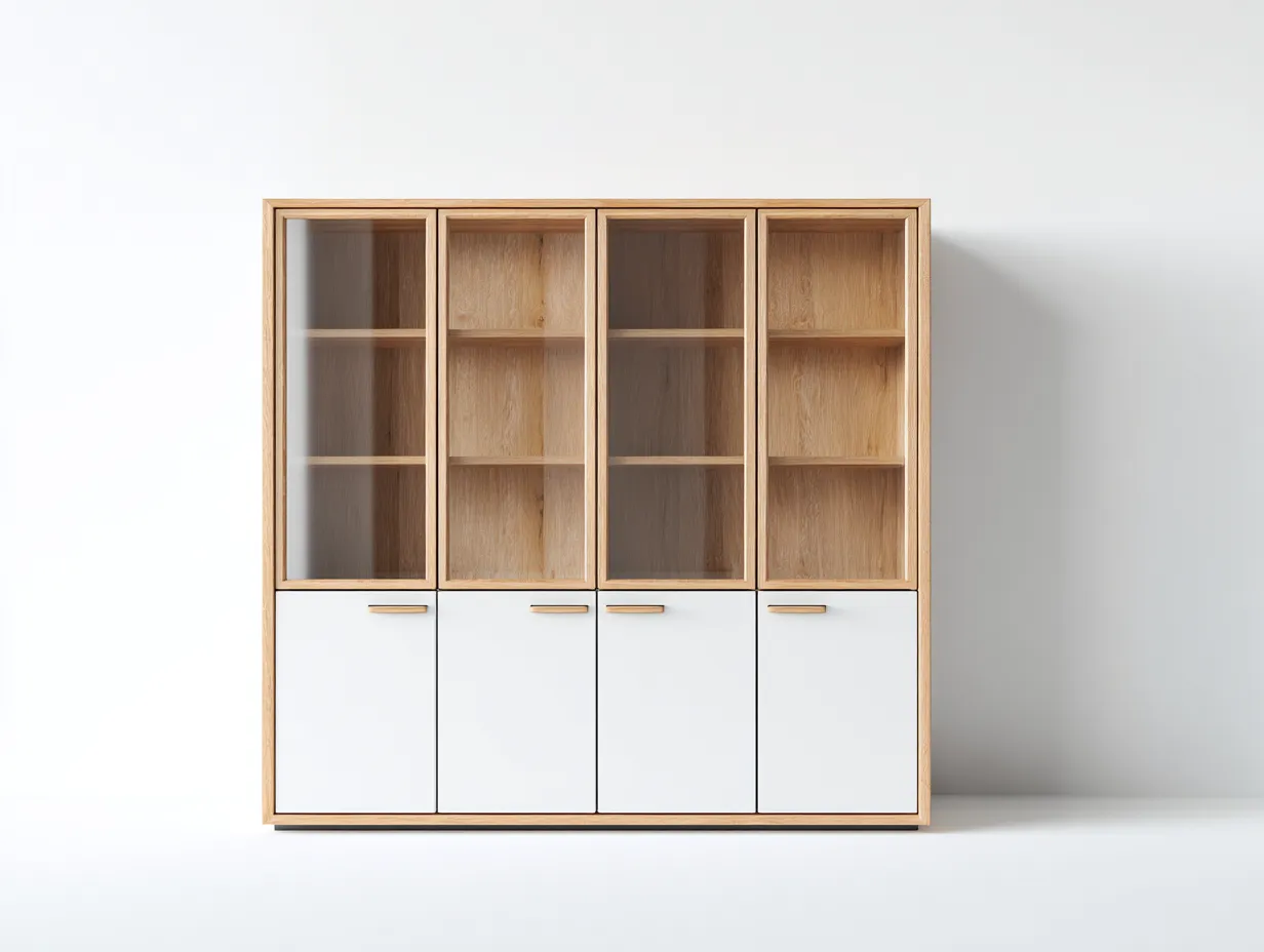 Vitrina de madera y vidrio 160x40x200 cm - blanco y madera natural - diseño moderno para salón-Cozyupden