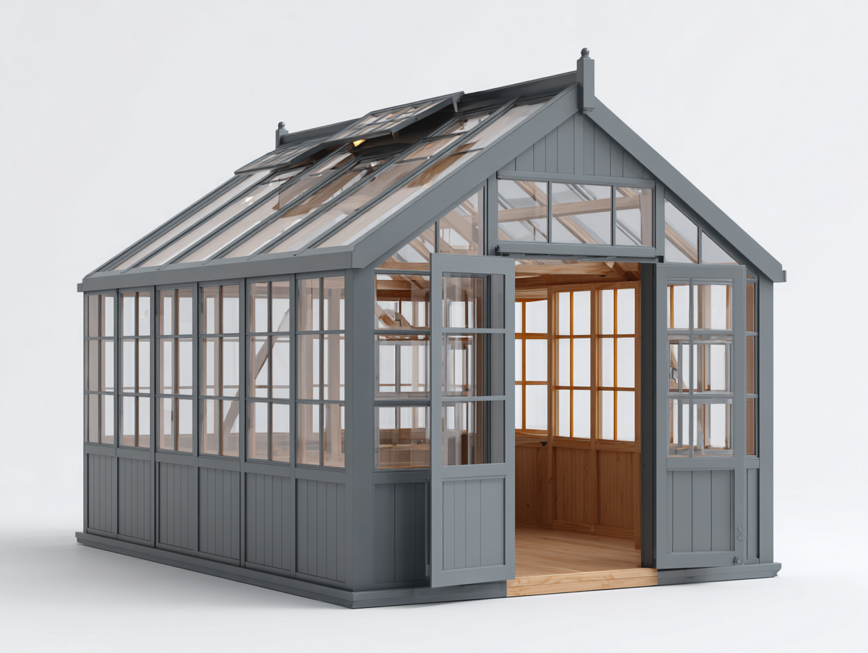 Invernaderos de madera y vidrio con estructura cerrada 320x260x290 cm - gris-madera natural - diseño clásico para jardín-Cozyupden