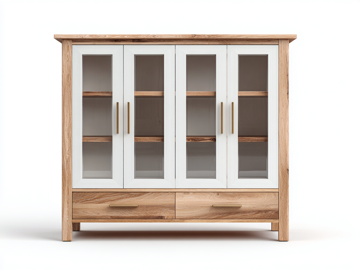 Vitrina de salón con puertas de vidrio y cajones 120x40x190 cm - blanco-roble - diseño natural para salón-Cozyupden