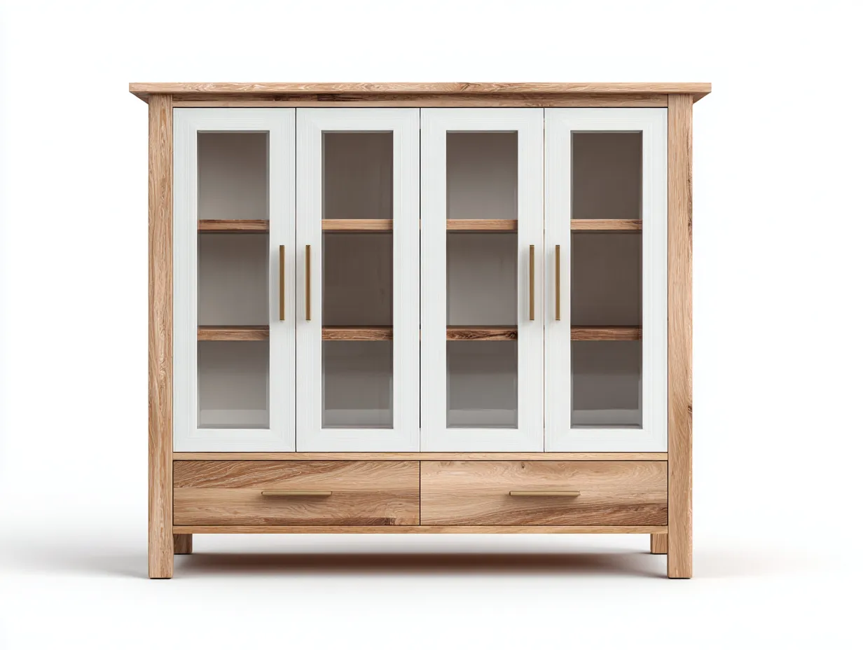 Vitrina de salón con puertas de vidrio y cajones 120x40x190 cm - blanco-roble - diseño natural para salón-Cozyupden