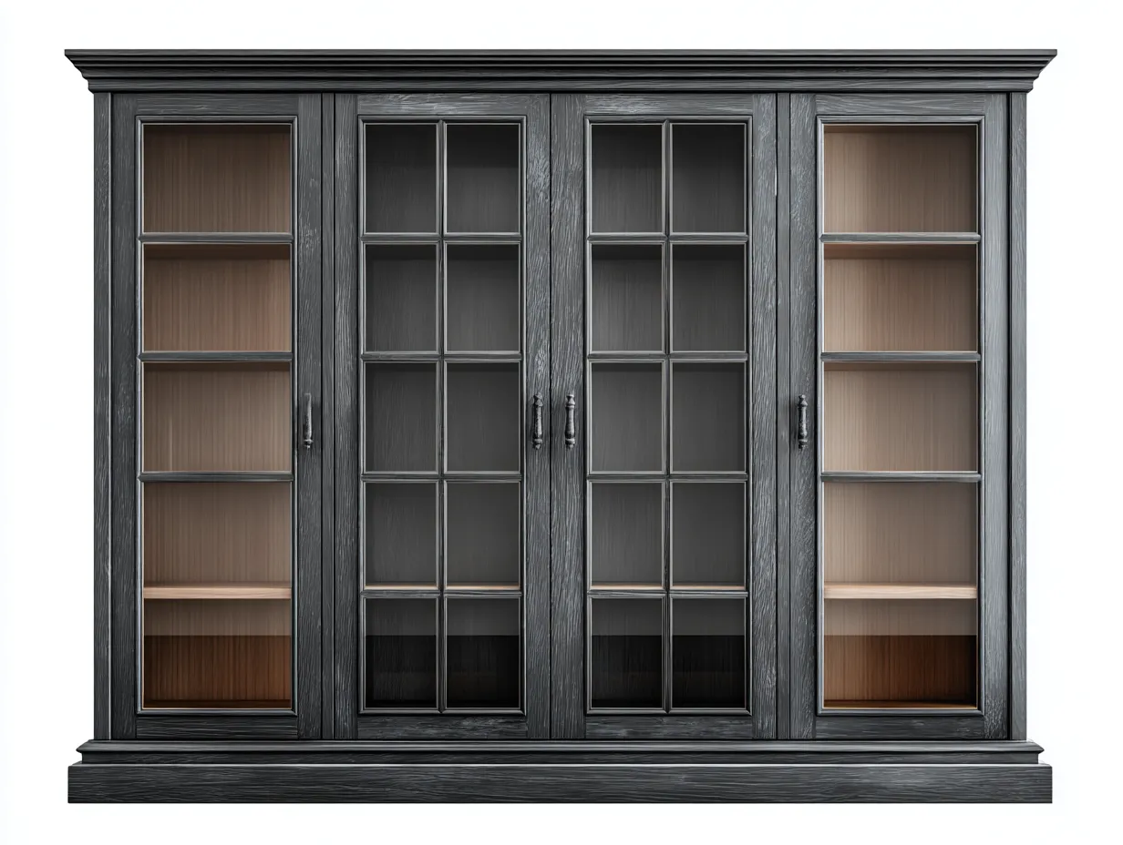 Vitrina de madera con puertas de vidrio y acabado oscuro 200x45x200 cm - negro - estilo clásico y almacenamiento elegante-Cozyupden