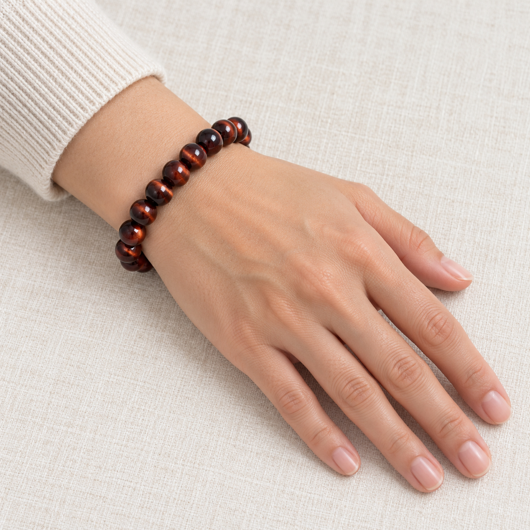 Red Tiger Eye Bracelet — on the wrist