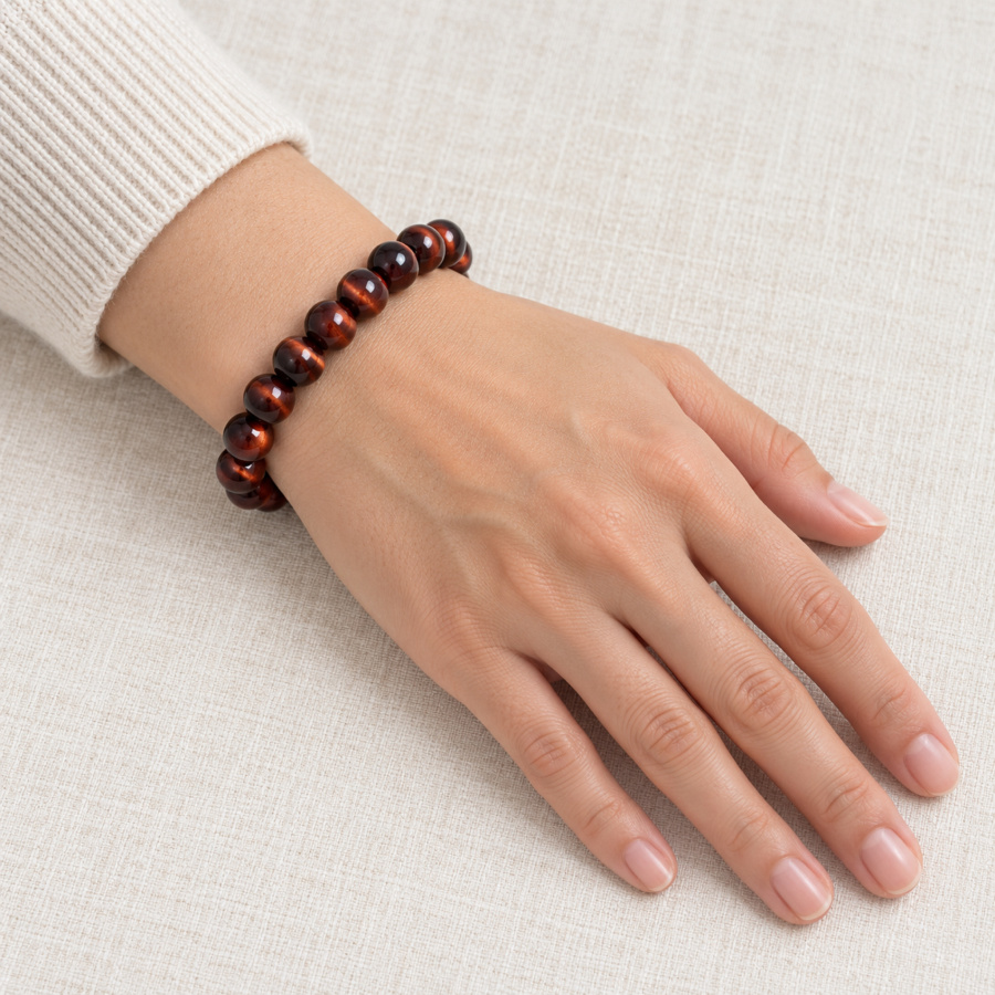 Red Tiger Eye Bracelet — on the wrist