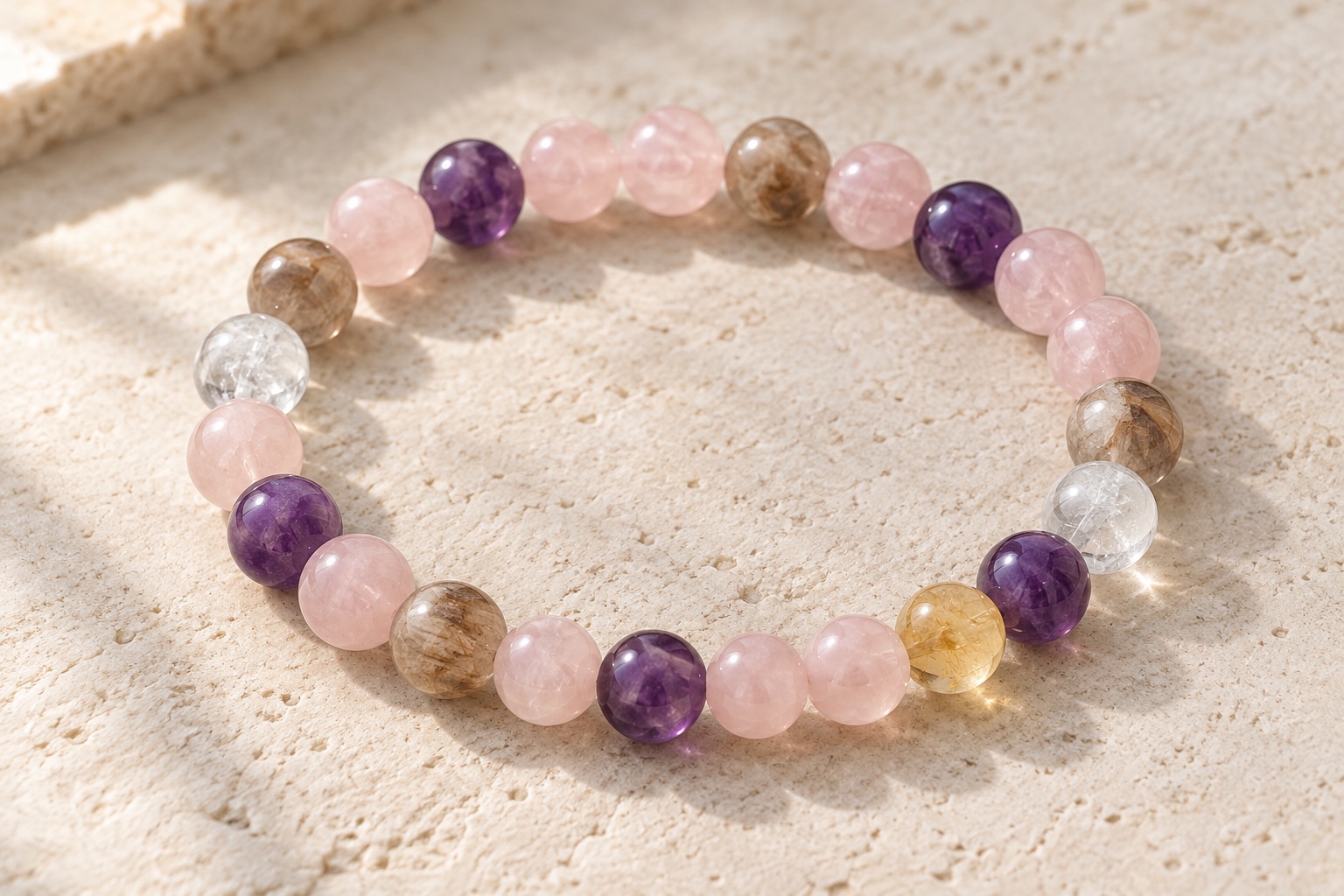Design visualization of a pink, purple and tea-brown bracelet