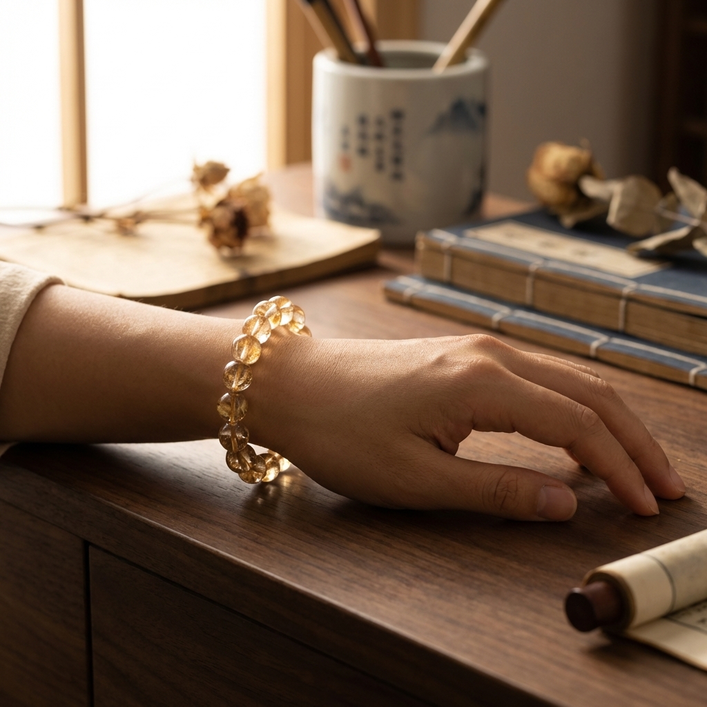 Gold foil quartz bracelet on wrist