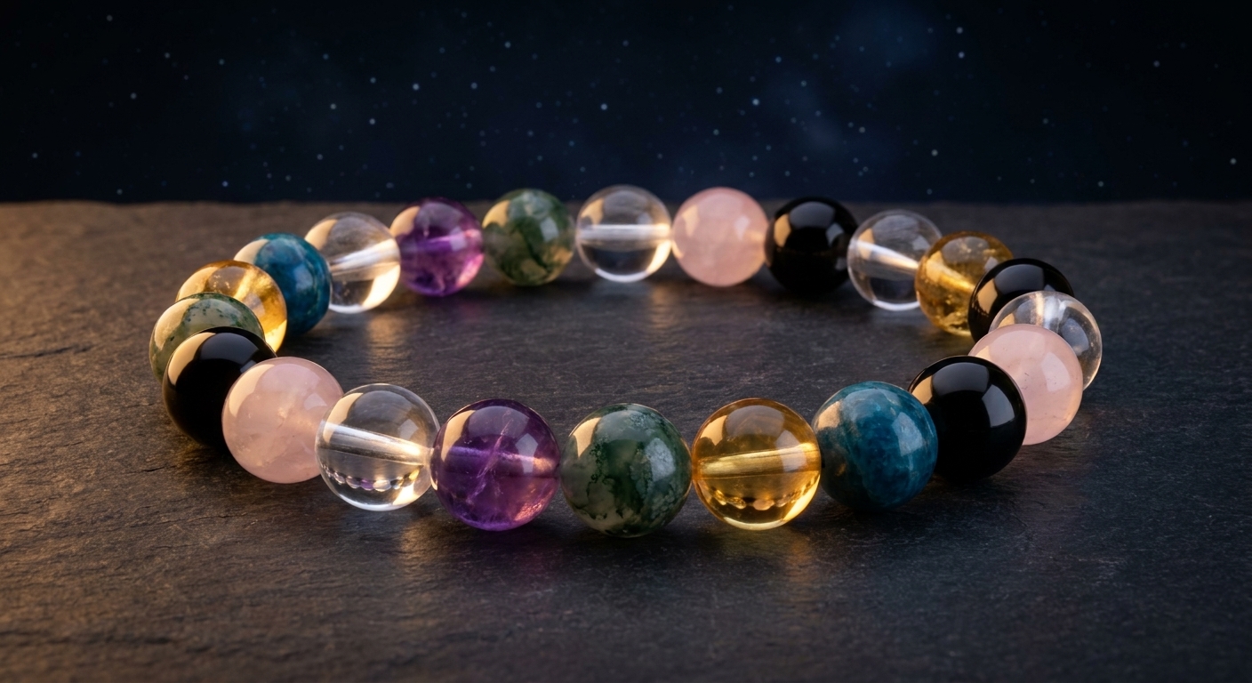 Crystal bracelet arranged on a night stone atelier table without metal spacers