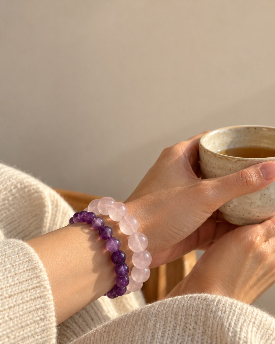 Amethyst and rose quartz bracelets stacked on a wrist, hands around a cup of tea