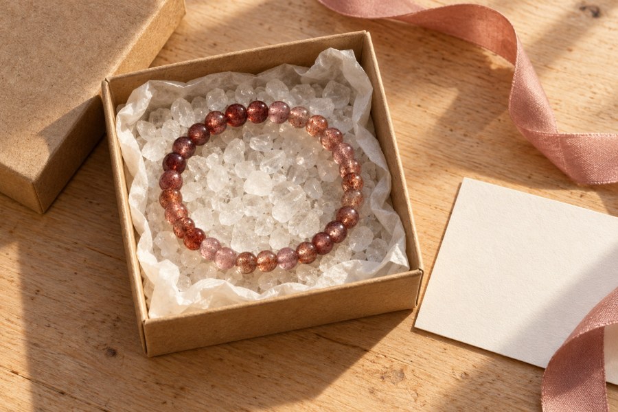 Strawberry quartz bracelet in a kraft gift box on clear quartz chips