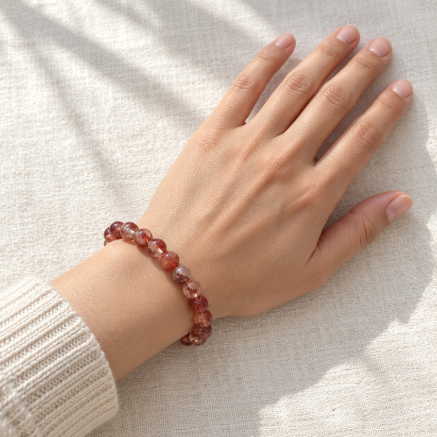 Red Flower Quartz Bracelet — on the wrist