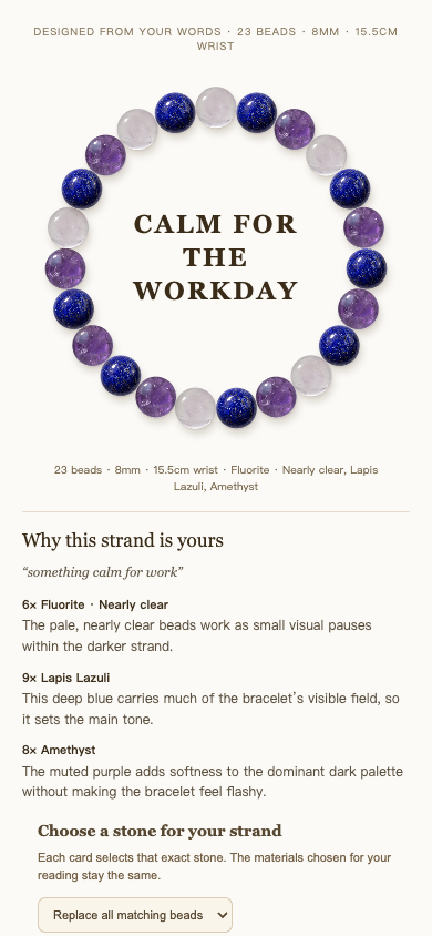 “Something calm for work”: six nearly clear fluorite, nine lapis, eight amethyst. $89 in this test.