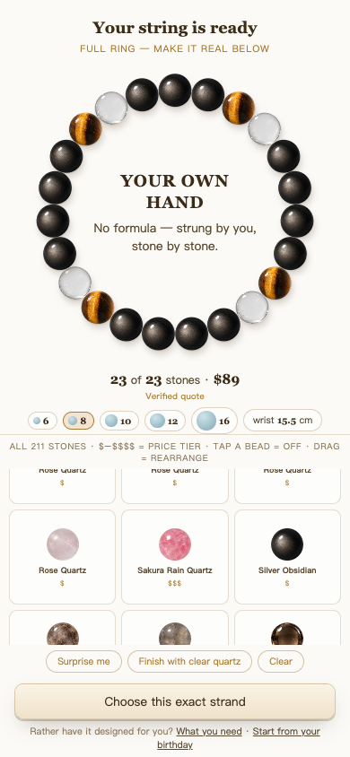 Original: 15 obsidian, 4 tiger eye, 4 clear quartz. Live Studio preview.