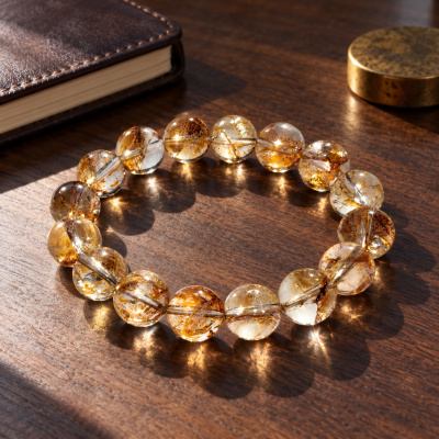 Gold foil quartz bracelet on a wooden desk