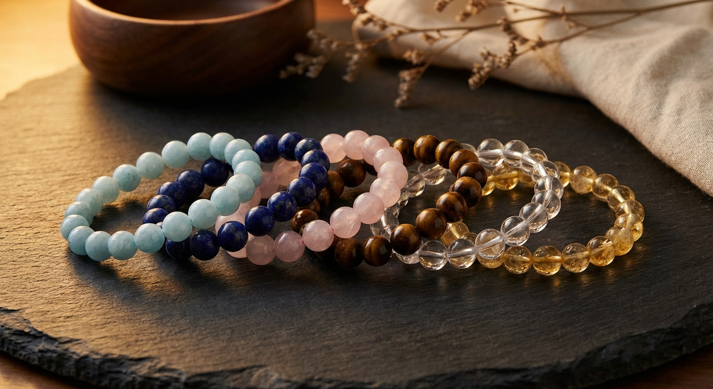 Crystal bead bracelets in aquamarine, lapis lazuli, rose quartz, tiger's eye, clear quartz and citrine on dark slate