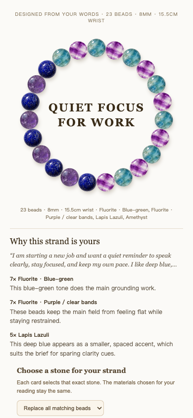 The detailed brief: seven + seven fluorite, five lapis, four amethyst. Live Studio preview, not a product photo.