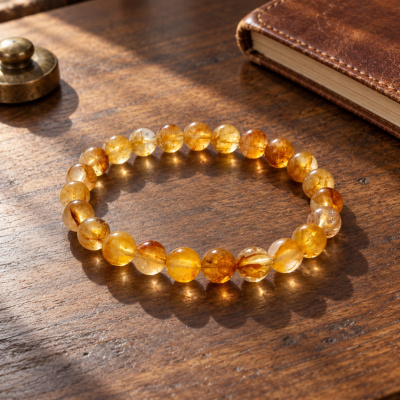 Orange flower quartz bracelet on a wooden desk