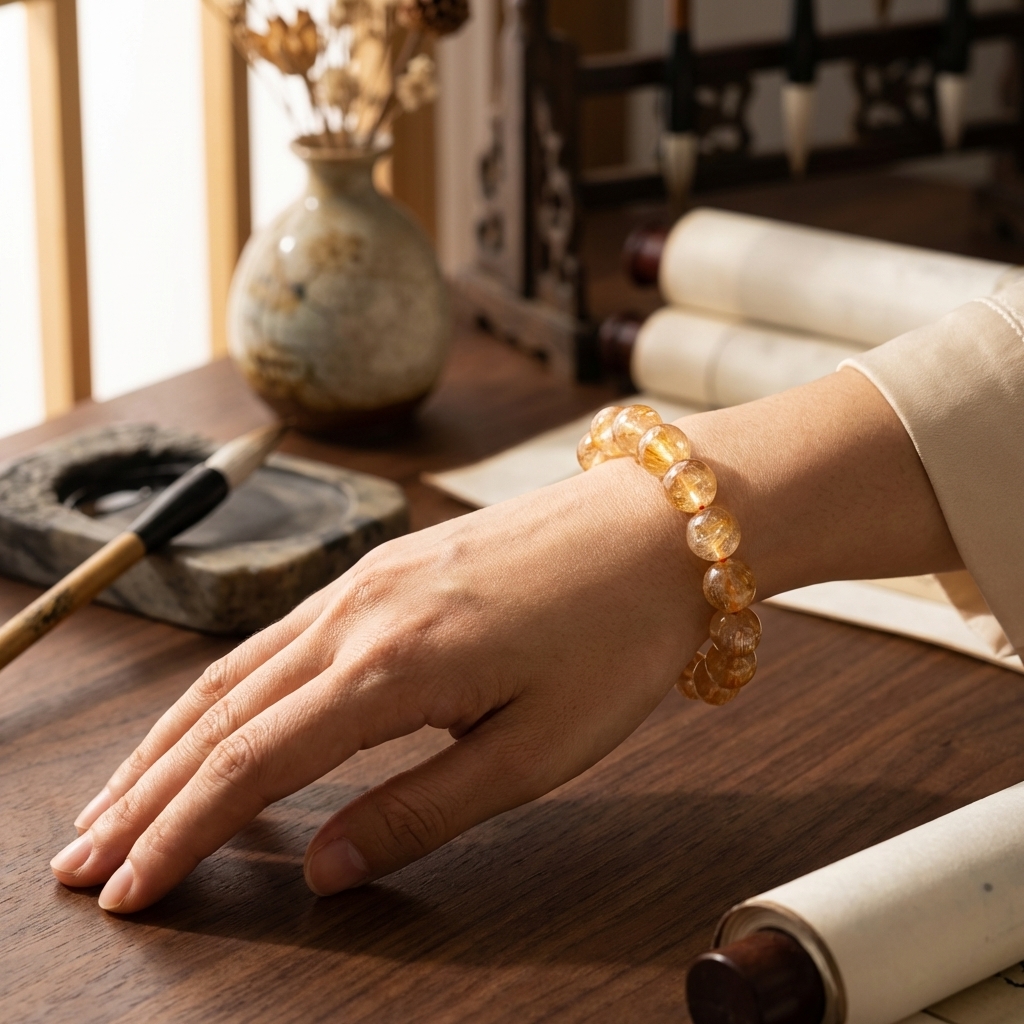 Golden rutilated quartz bracelet on wrist