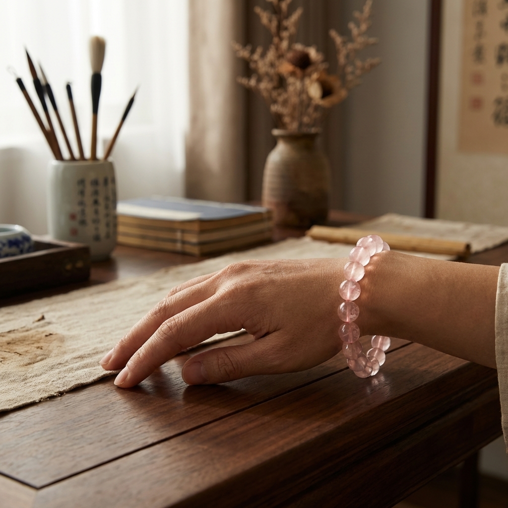 Madagascar rose quartz bracelet on wrist
