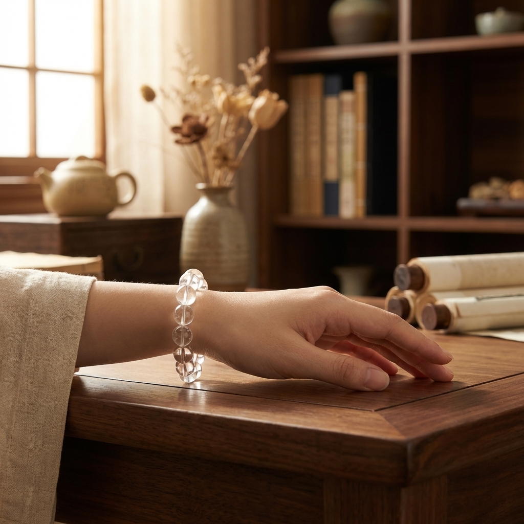 Clear quartz bracelet on wrist