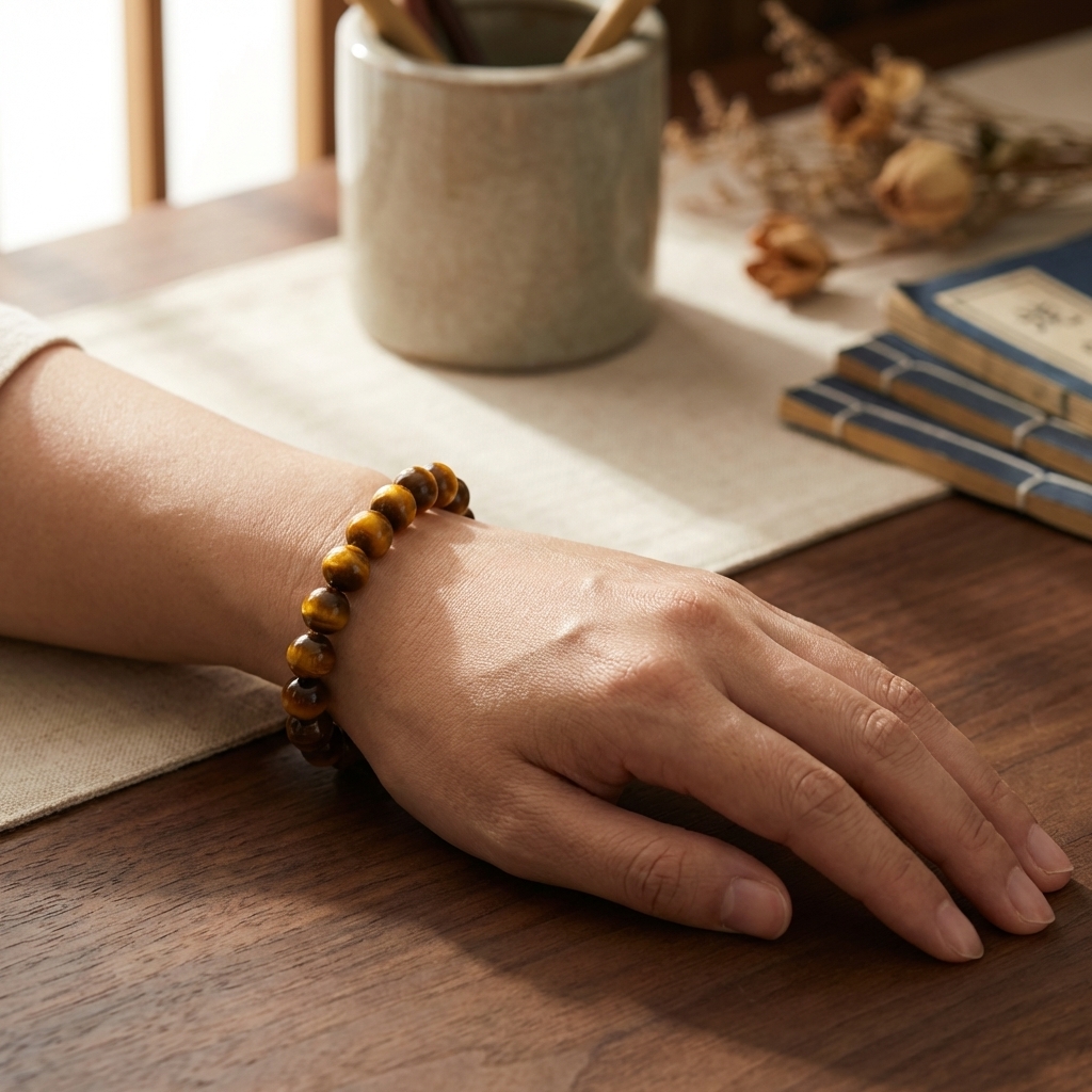 Yellow tiger eye bracelet on wrist