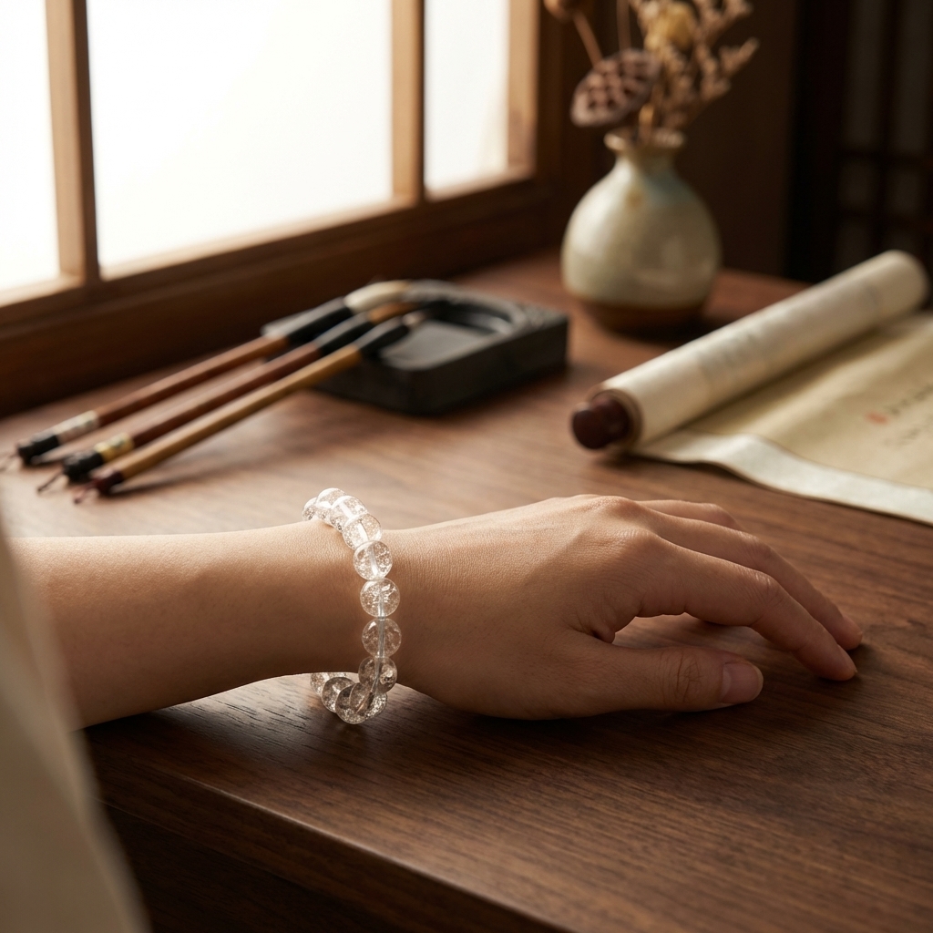 White azeztulite bracelet on wrist