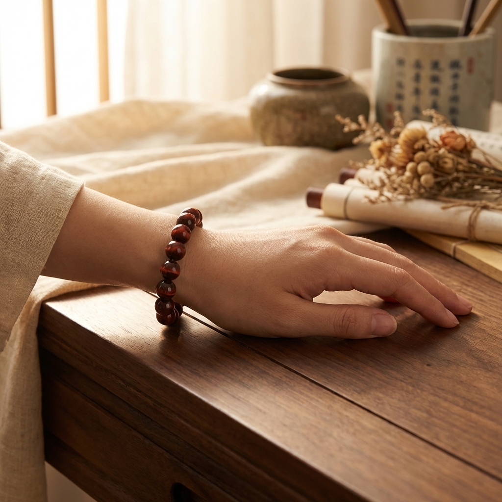 Red tiger eye bracelet on wrist