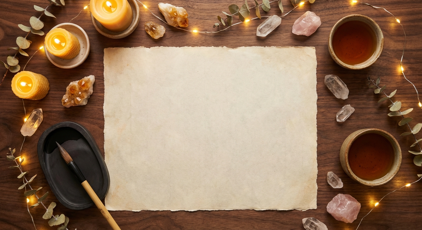 Practitioner's desk with blank rice paper, candles, crystals, and ink brush