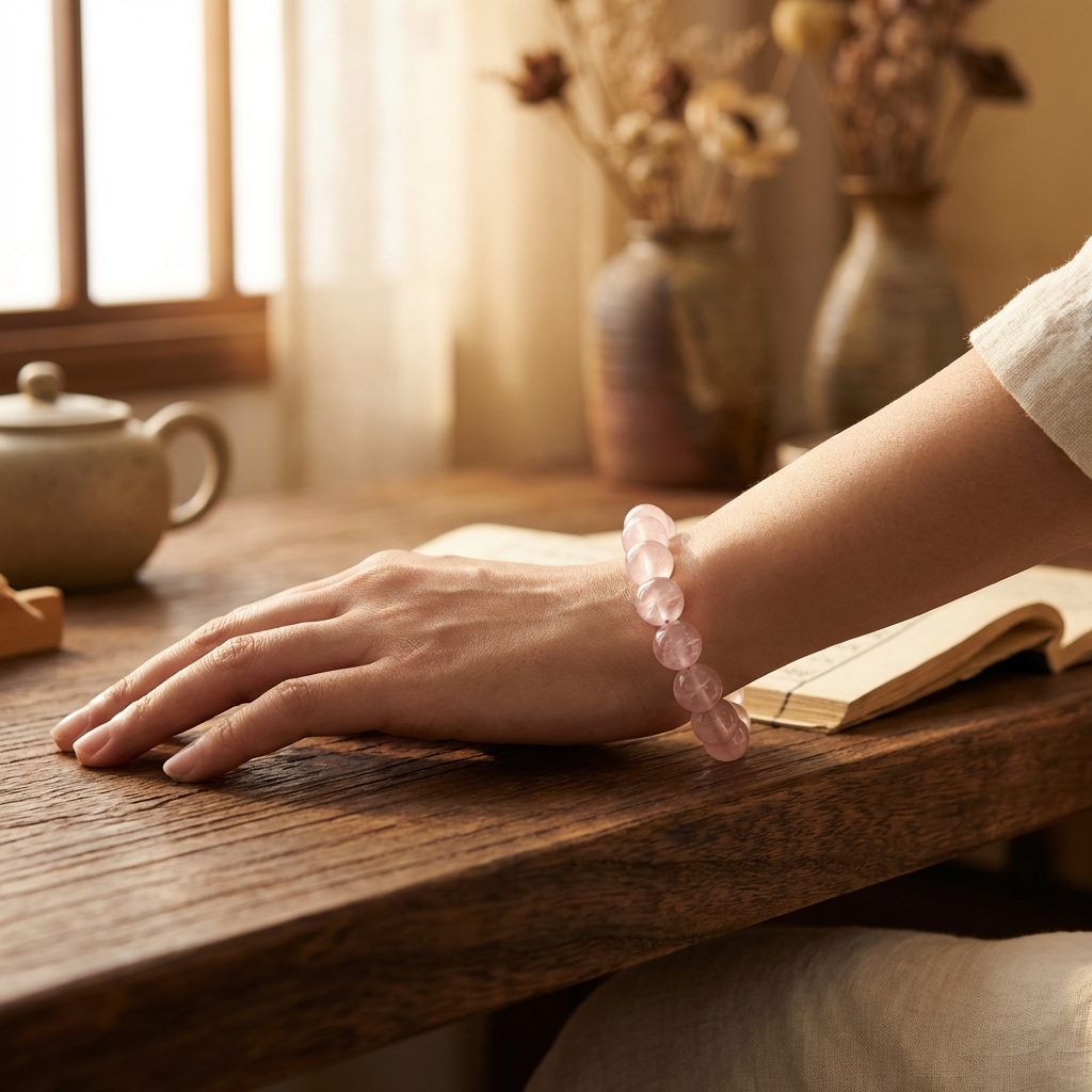 Rose quartz bracelet on wrist