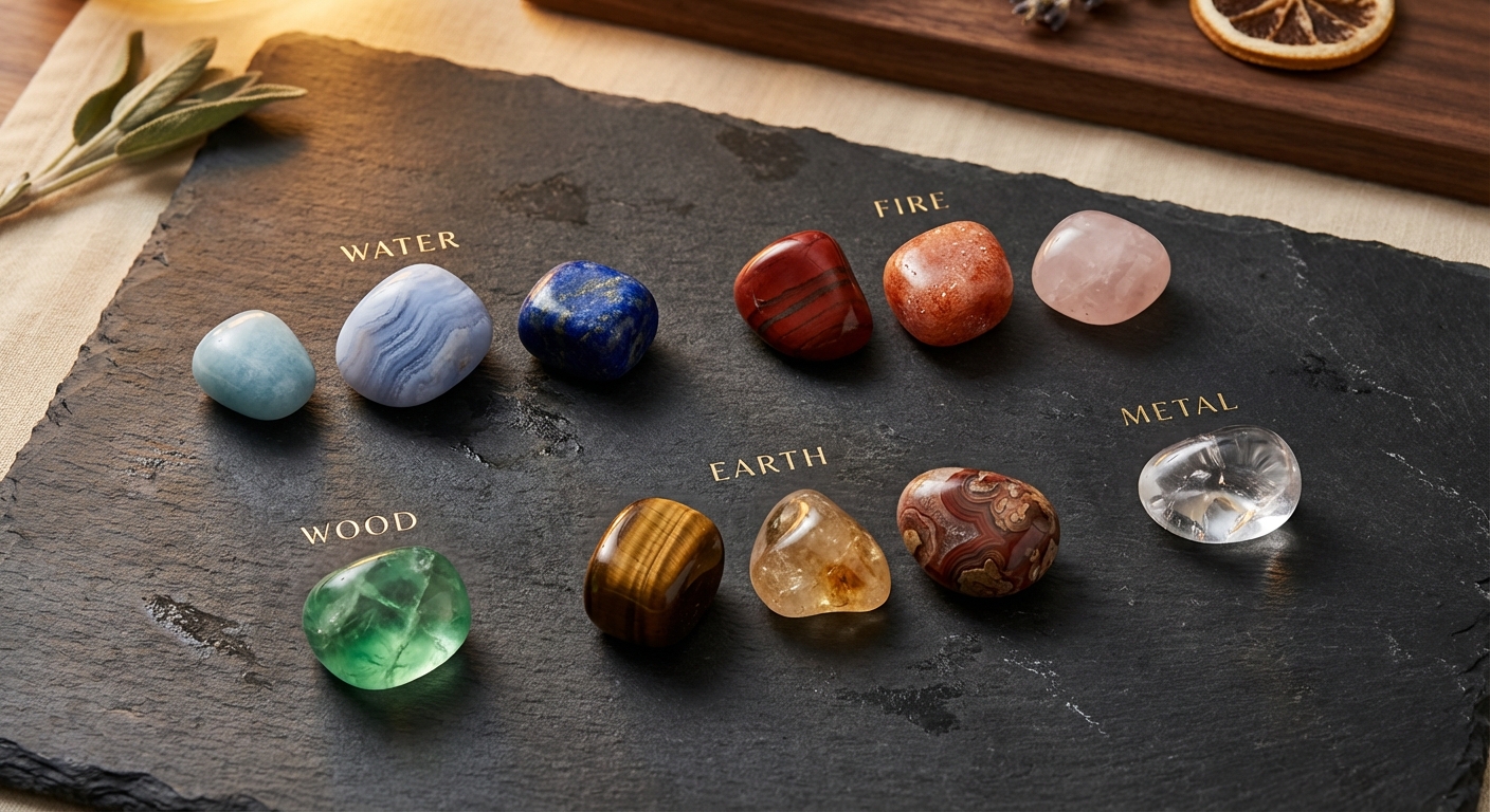 11 crystal stones arranged by Five Elements: Water, Fire, Earth, Metal, Wood
