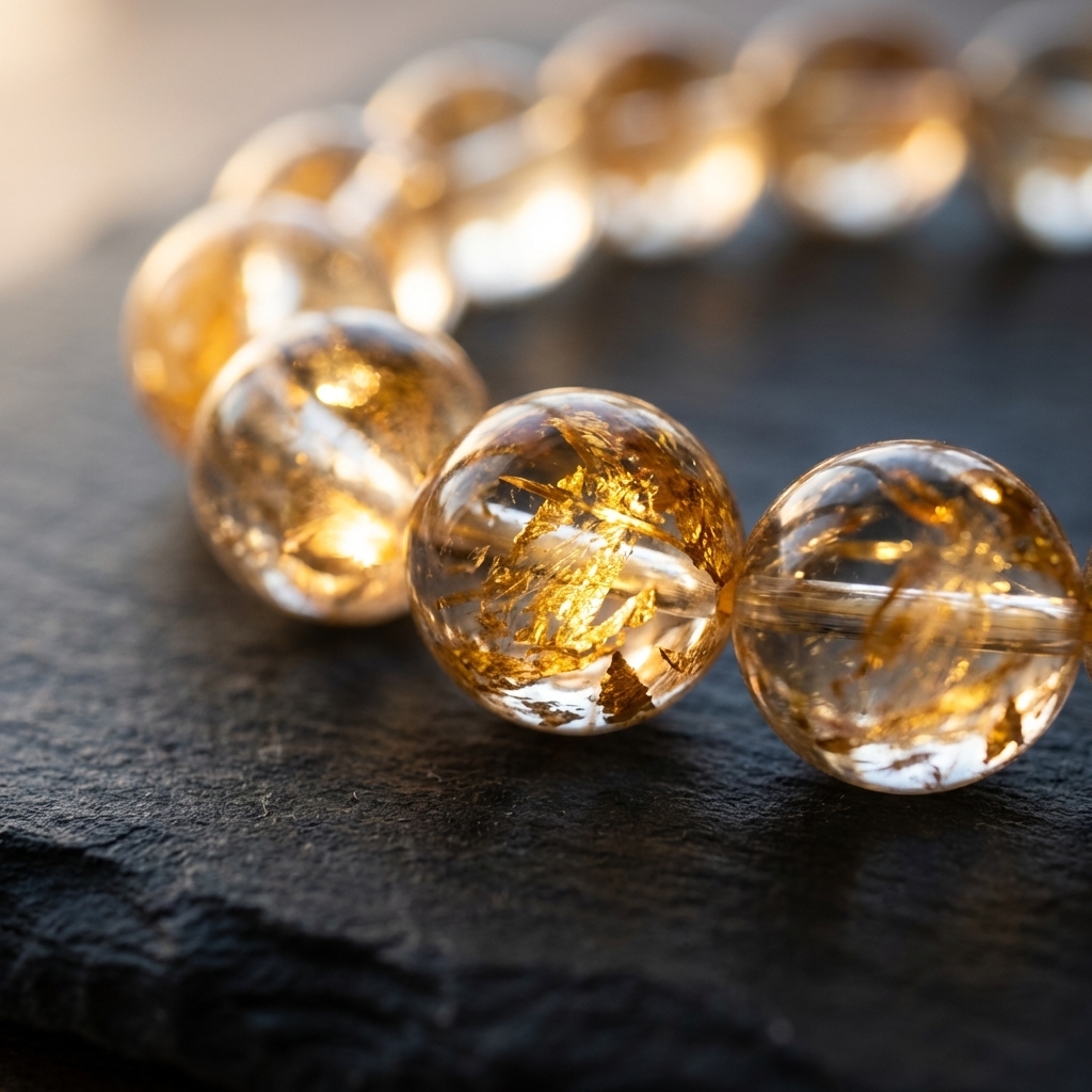 Gold foil quartz bead macro