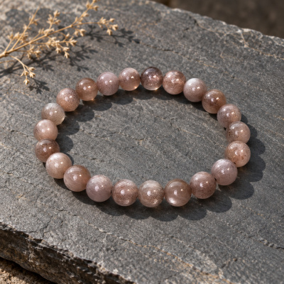 Skeletal quartz bracelet on a dark stone slab beside dried flowers