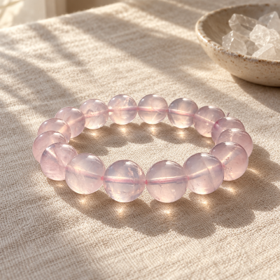 Rose quartz bracelet on linen in soft daylight