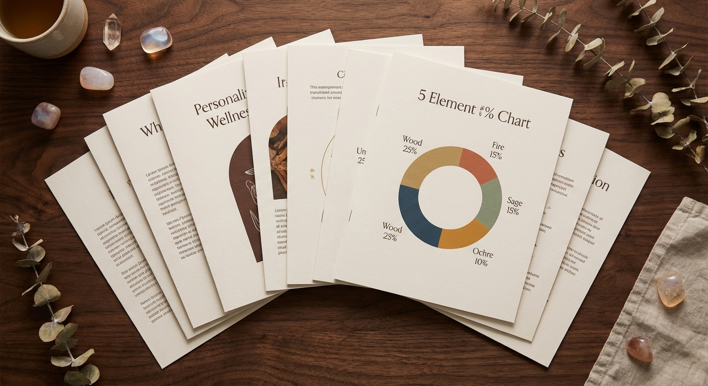 Multiple pages of a personalized BaZi reading fanned out, showing chapter headers and Five Element charts