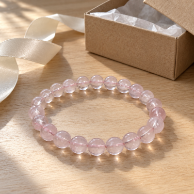 Madagascar rose quartz bracelet beside an open gift box