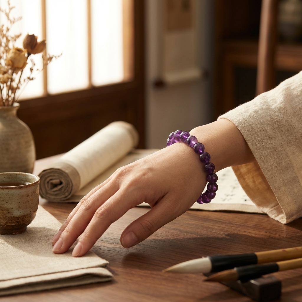 Amethyst bracelet on wrist