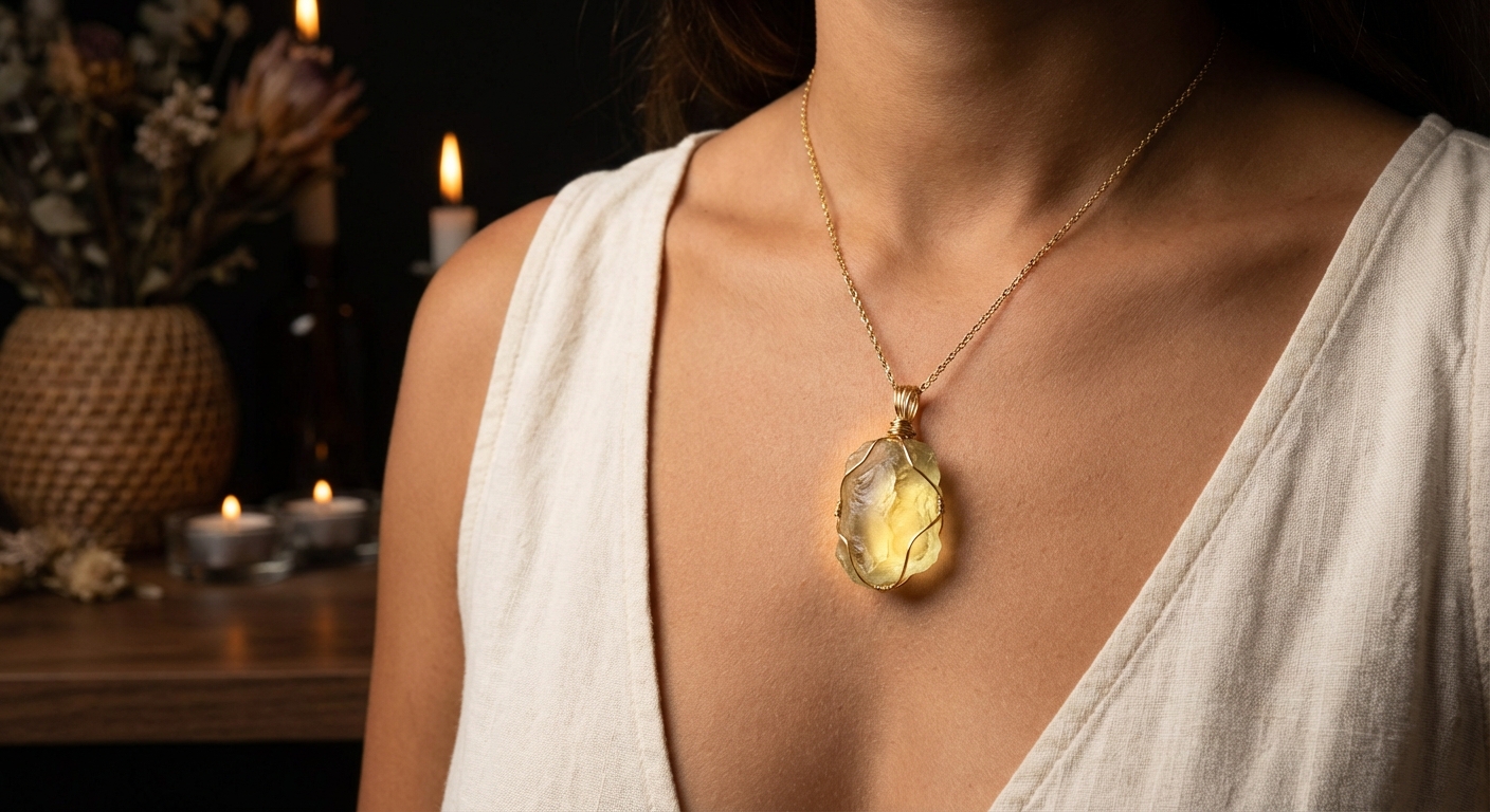 Libyan Desert Glass pendant worn